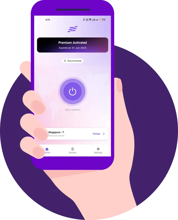 Mobile phone displaying VPN application interface with secure connection features